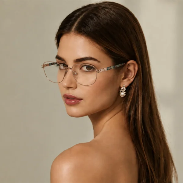 Elegant woman wearing rose gold Selen Eyewear glasses