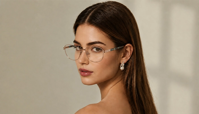 Elegant woman wearing rose gold Selen Eyewear glasses