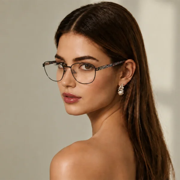 Elegant woman wearing black Selen Eyewear glasses