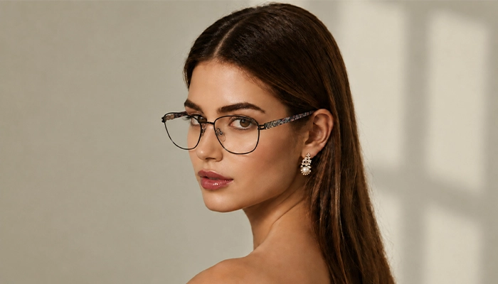 Elegant woman wearing black Selen Eyewear glasses