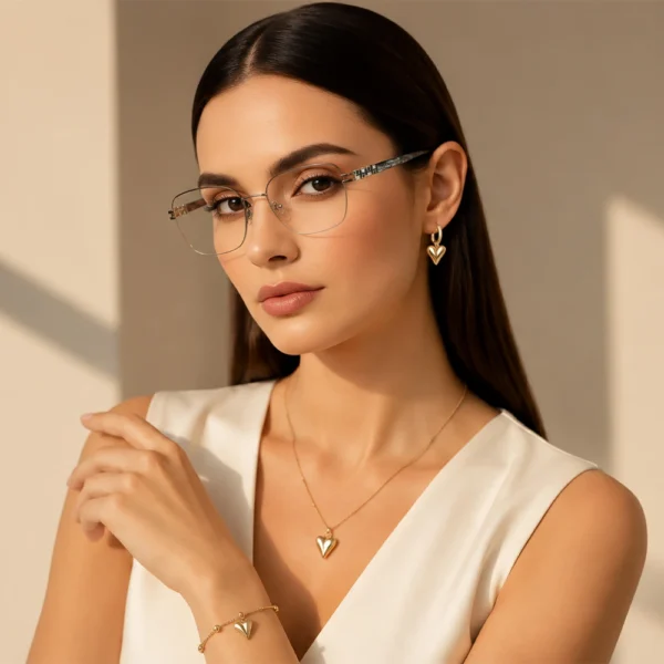 Elegant woman wearing light silver Selen Eyewear glasses