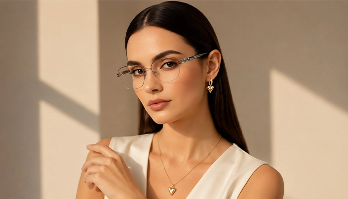 Elegant woman wearing light silver Selen Eyewear glasses