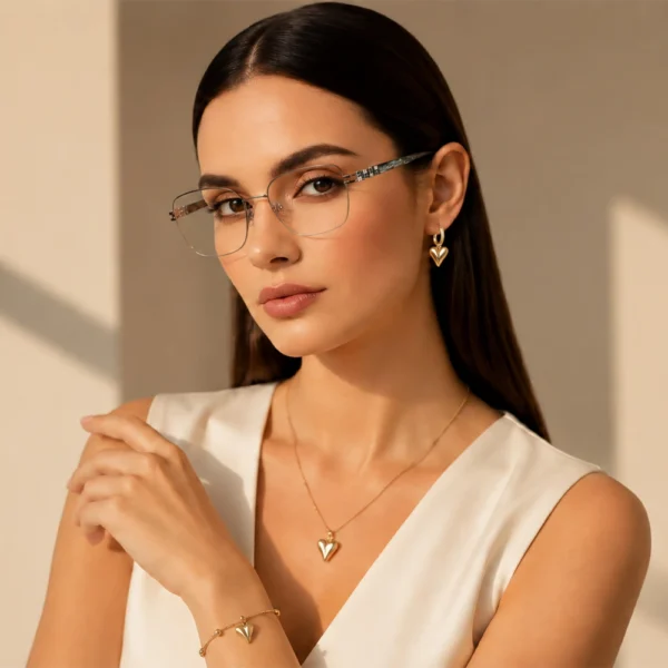 Elegant woman wearing light silver Selen Eyewear glasses