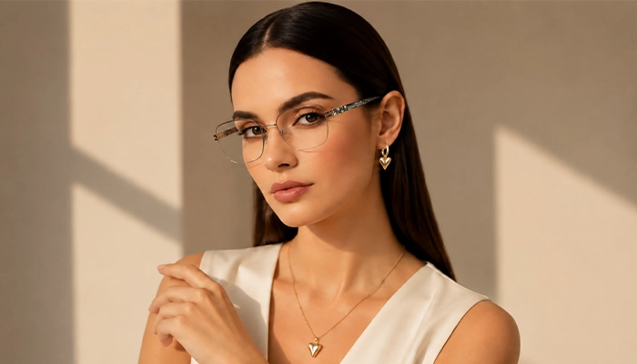 Elegant woman wearing light silver Selen Eyewear glasses
