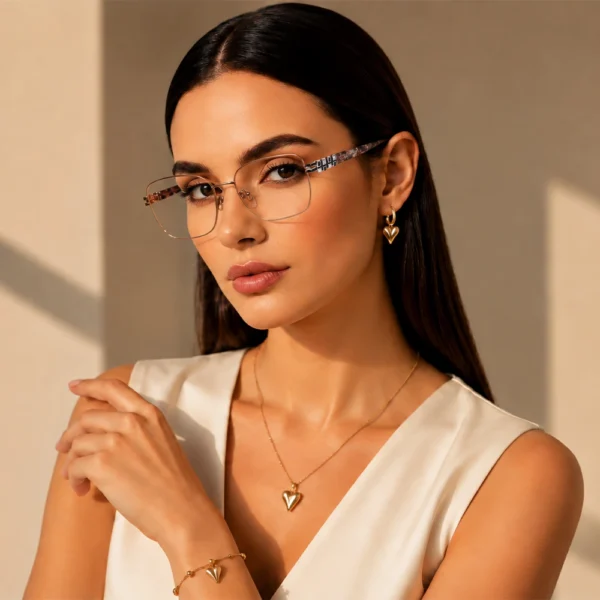 Elegant woman wearing rose gold Selen Eyewear glasses