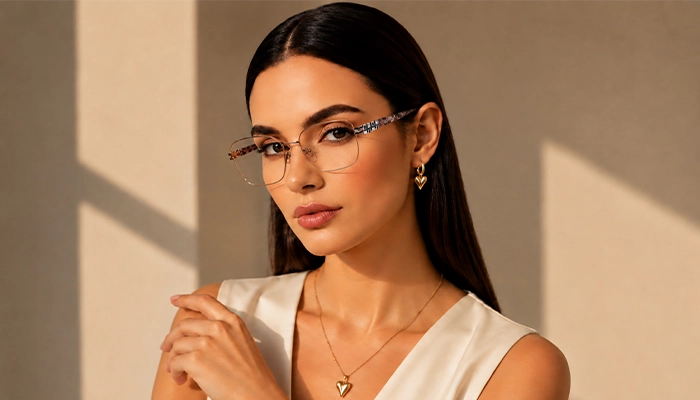 Elegant woman wearing rose gold Selen Eyewear glasses