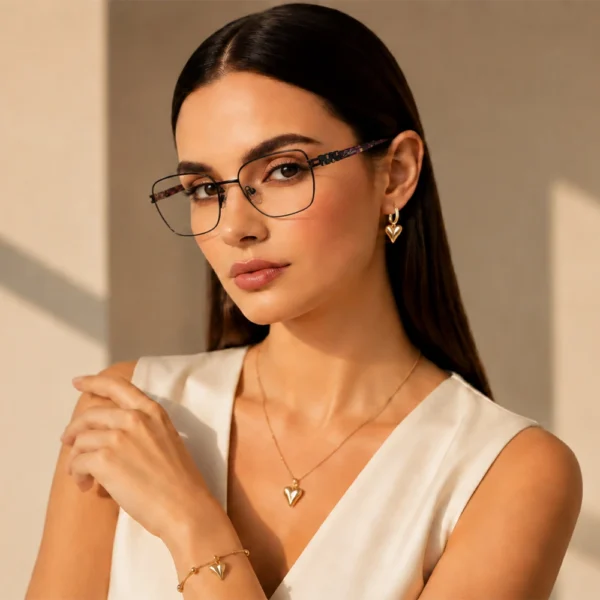 Elegant woman wearing black Selen Eyewear glasses