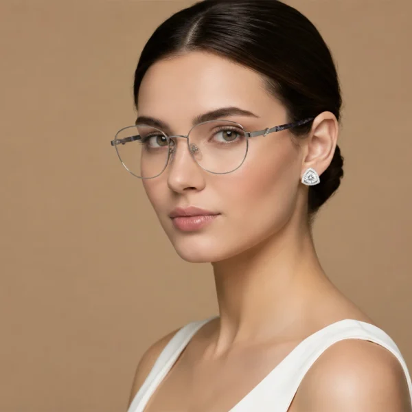 Woman wearing delicate silver Selen Eyewear glasses
