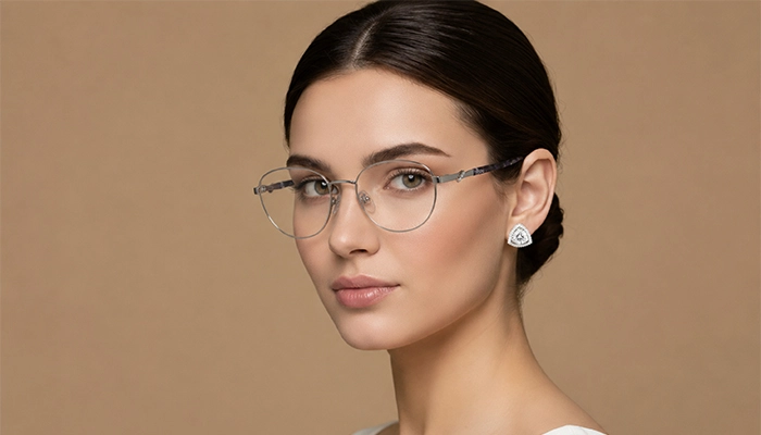 Woman wearing delicate silver Selen Eyewear glasses
