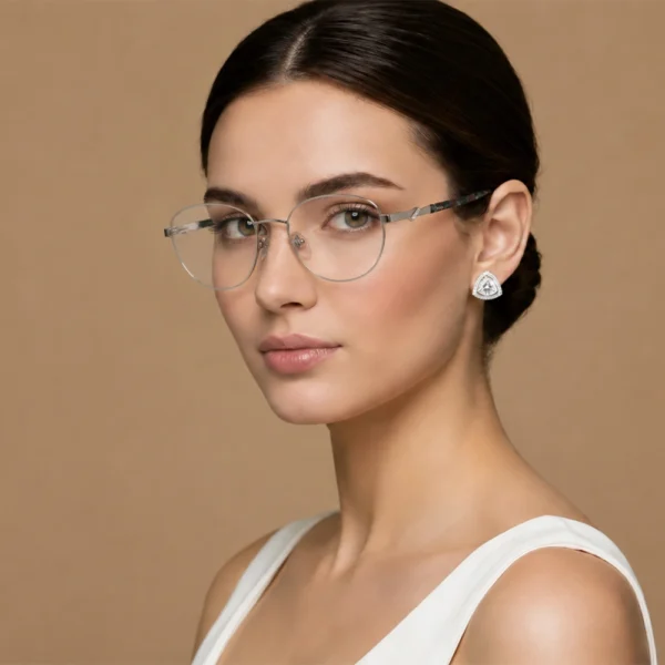 Woman wearing delicate silver Selen Eyewear glasses
