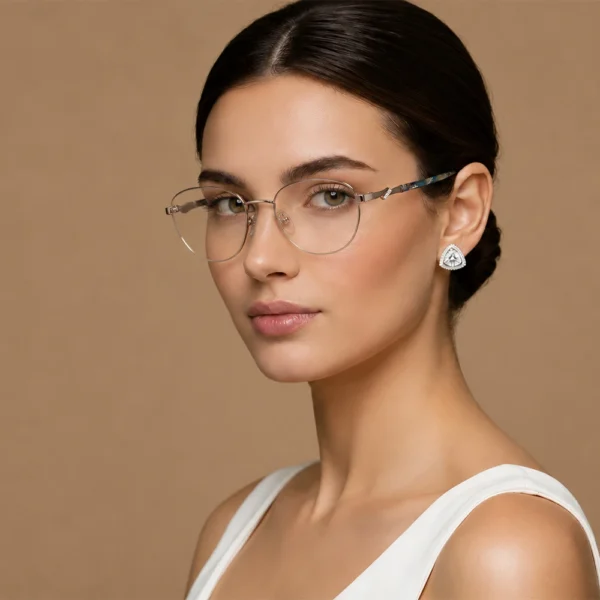 Woman wearing delicate silver Selen Eyewear glasses
