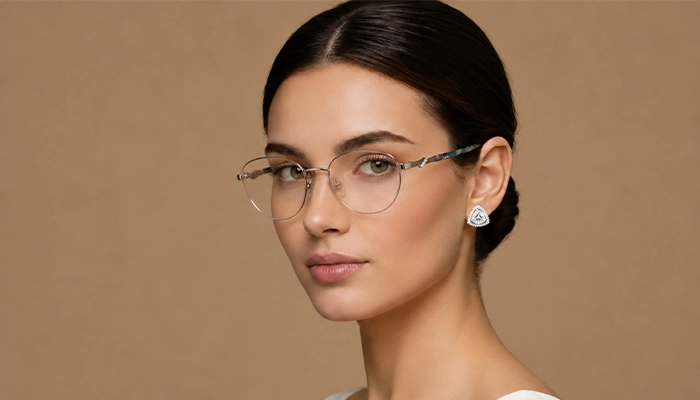 Woman wearing delicate silver Selen Eyewear glasses