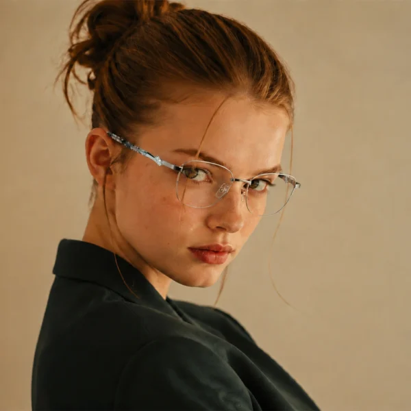 Woman wearing silver Selen Eyewear glasses