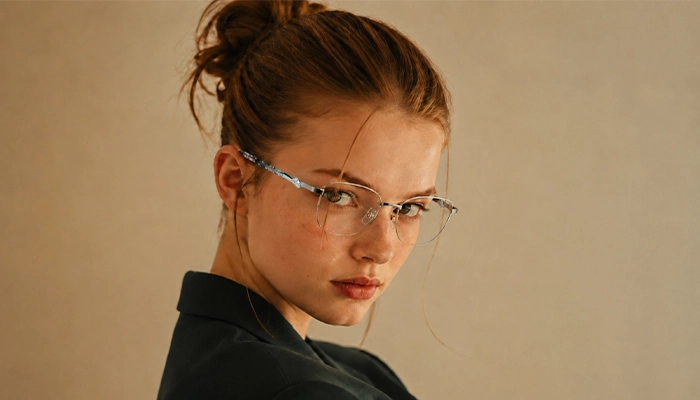 Woman wearing silver Selen Eyewear glasses