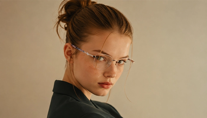 Woman wearing light gold Selen Eyewear glasses