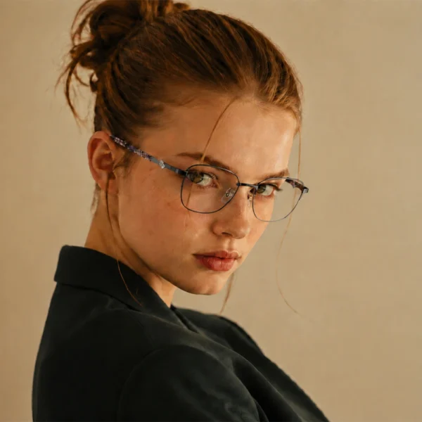 Woman wearing dark Selen Eyewear glasses