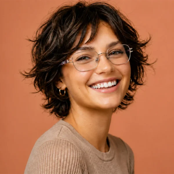 Smiling woman wearing thin metal Selen Eyewear glasses