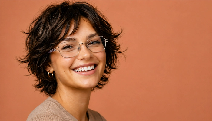 Smiling woman wearing thin metal Selen Eyewear glasses