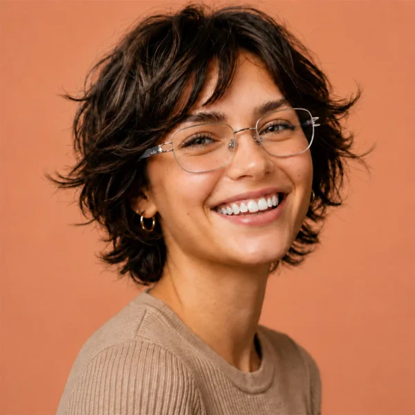 Smiling woman wearing silver Selen Eyewear glasses