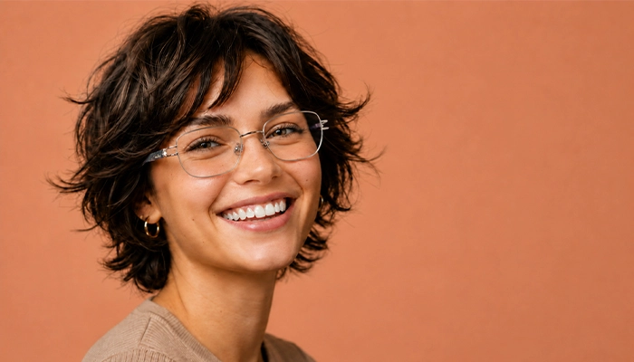 Smiling woman wearing silver Selen Eyewear glasses