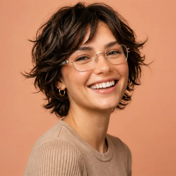 Smiling woman wearing gold Selen Eyewear glasses