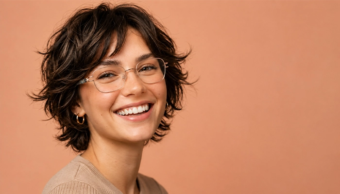 Smiling woman wearing gold Selen Eyewear glasses