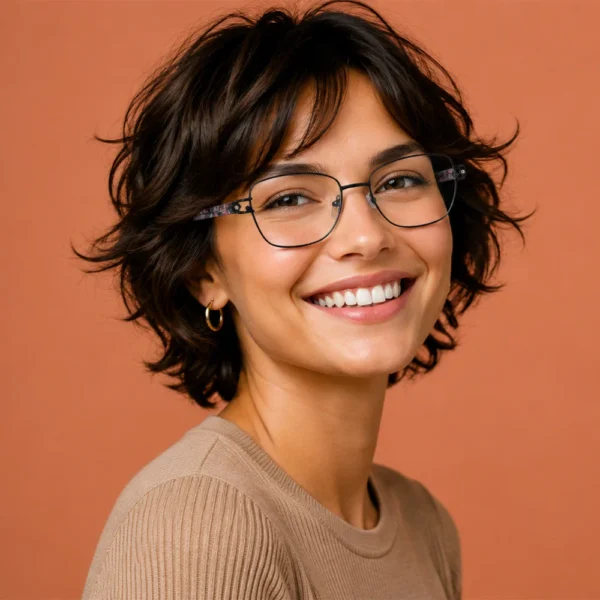 Smiling woman wearing black Selen Eyewear glasses