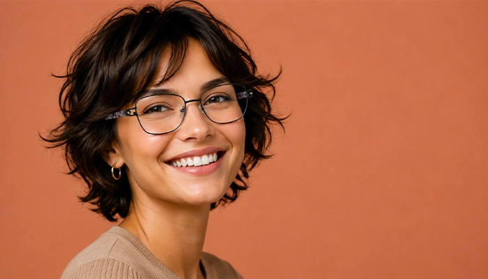 Smiling woman wearing black Selen Eyewear glasses