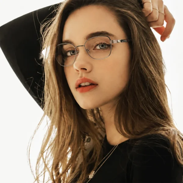 Young woman wearing thin oval Selen Eyewear glasses