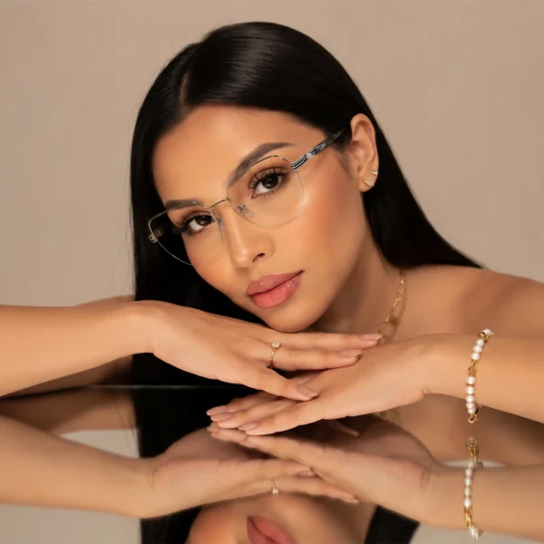 Close-up beauty portrait with Selen Eyewear full-rim metal optical glasses and mirror reflection