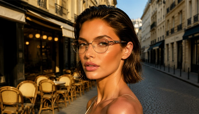 Woman wearing Selen Eyewear full-rim metal optical glasses on a sunlit European street.