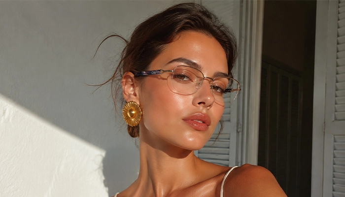 Selen Eyewear lightweight rimless optical glasses worn by a fashion model in natural sunlight