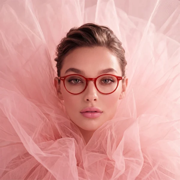Woman wearing red Selen Eyewear glasses in a pink tulle portrait